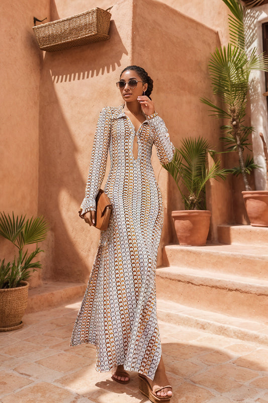 Robe Longue Bohème Chic Motif Géométrique, Col V, Manches Longues, Maxi-Dresses-Marais Paris-Multicolore-S-Marais Paris