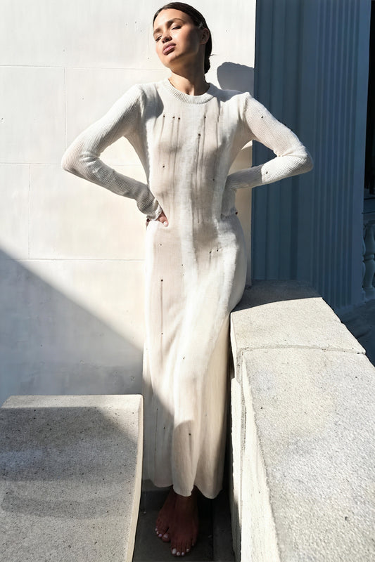 Robe Longue Femme – Maille Côtelée, Détails Perforés, Coupe Fluide-Dresses-Marais Paris-Beige-S-Marais Paris