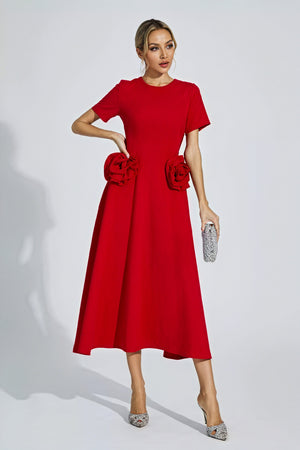 Robe Midi Femme - Coupe Classique, Détails Floraux Élégants-Dresses-Marais Paris-Rouge-S-Marais Paris