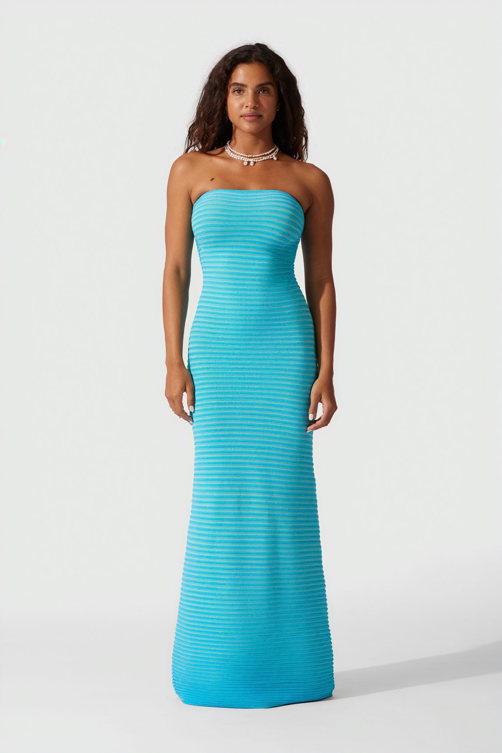 Robe Midi Rayée Sans Bretelles - Coupe Ajustée, Design Moderne-Dresses-Marais Paris-Bleu-S-Marais Paris