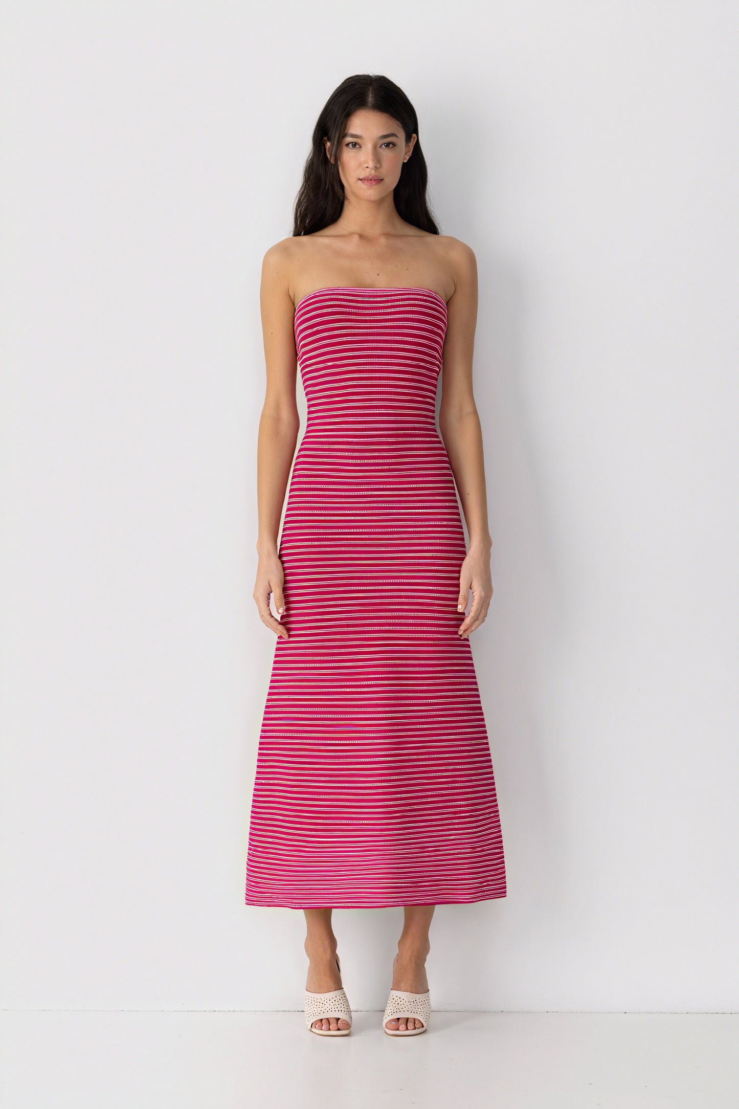 Robe Midi Rayée Sans Bretelles - Coupe Ajustée, Design Moderne-Dresses-Marais Paris-Rose-S-Marais Paris