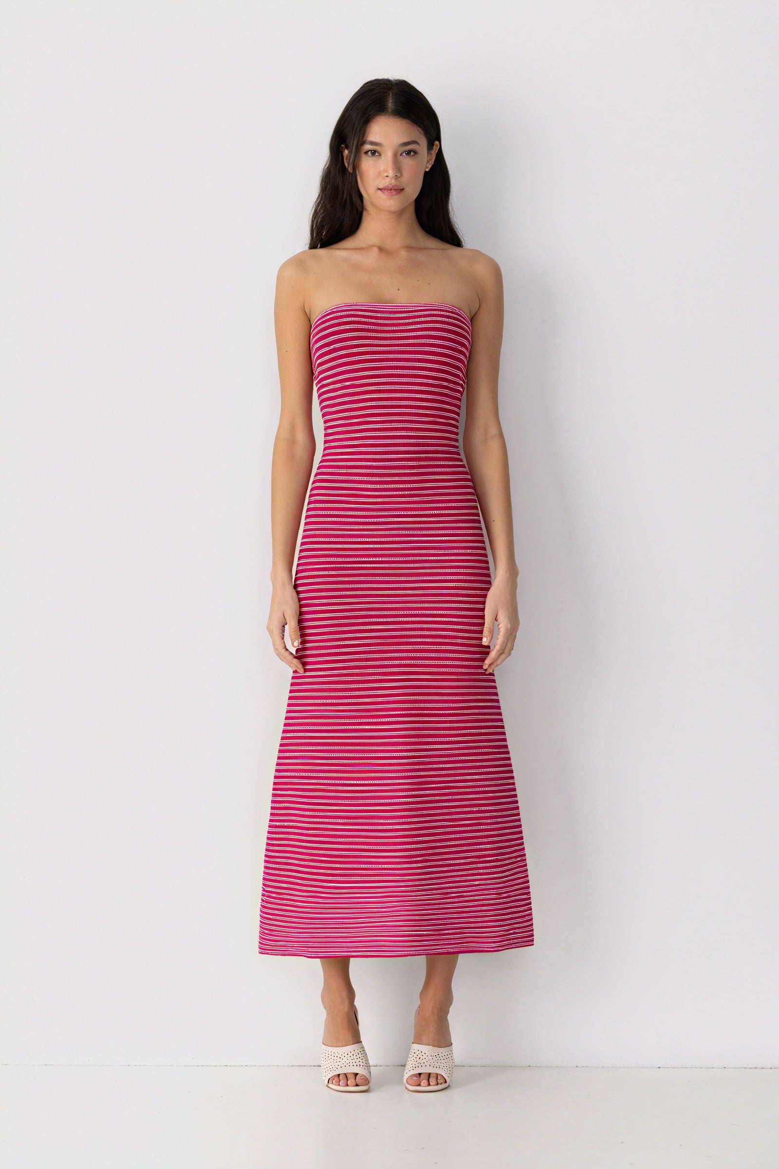 Robe Midi Rayée Sans Bretelles - Coupe Ajustée, Design Moderne-Dresses-Marais Paris-Rose-S-Marais Paris