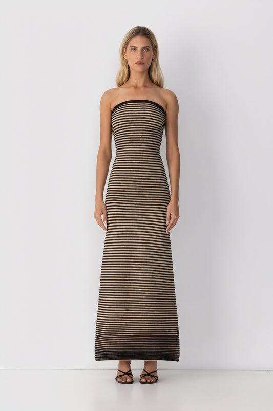 Robe Midi Rayée Sans Bretelles - Coupe Ajustée, Design Moderne-Dresses-Marais Paris-Noir-S-Marais Paris