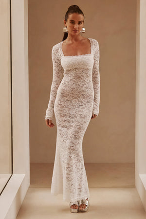 Robe Longue Dentelle Femme - Encolure Carrée, Manches Longues, Coupe Ajustée-Dresses-Marais Paris-Blanc-S-Marais Paris