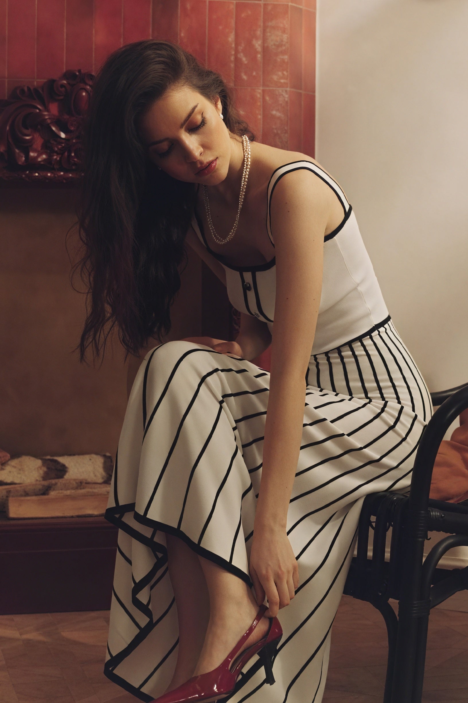 Robe Midi Rayée, Coupe Évasée, Bretelles Fines, Encolure Carrée-Dresses-Marais Paris-Marais Paris