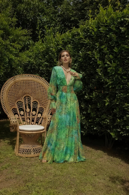 Robe Maxi à Motifs Abstraits - Encolure Plongeante, Manches Longues-Dresses-Marais Paris-Vert-S-Marais Paris