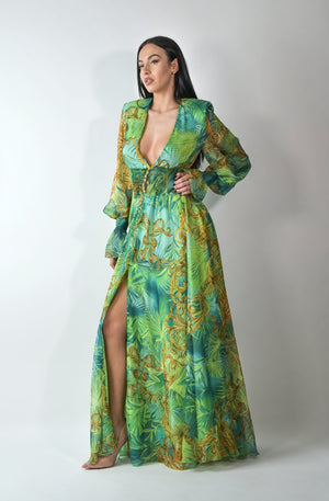 Robe Maxi à Motifs Abstraits - Encolure Plongeante, Manches Longues-Dresses-Marais Paris-Marais Paris