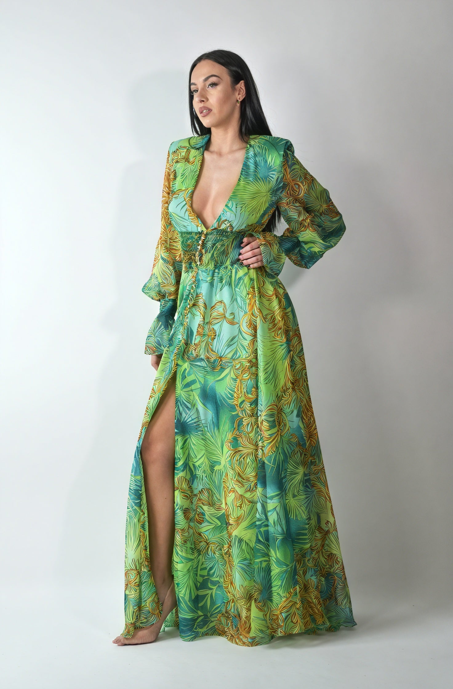 Robe Maxi à Motifs Abstraits - Encolure Plongeante, Manches Longues-Dresses-Marais Paris-Marais Paris
