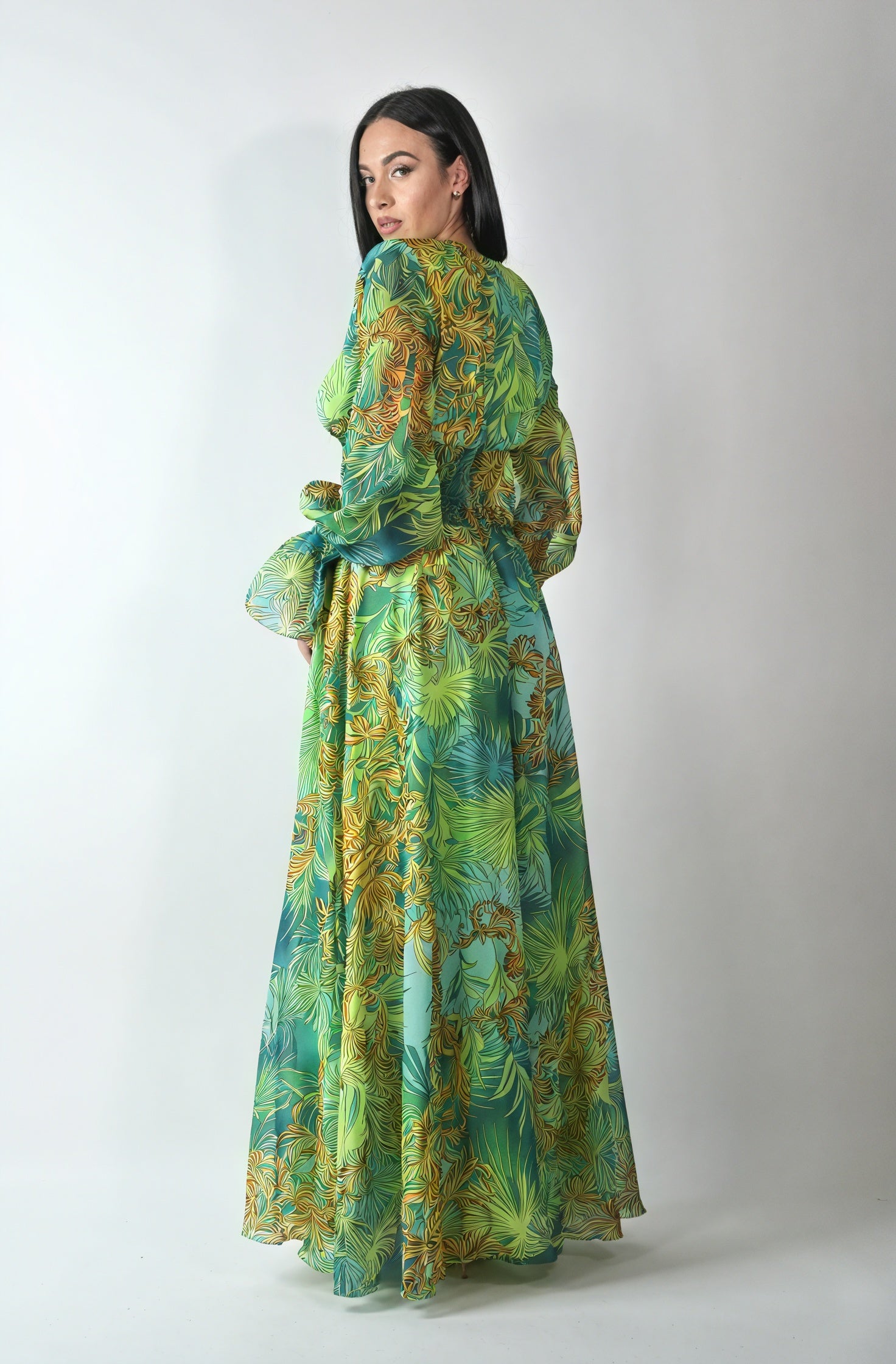 Robe Maxi à Motifs Abstraits - Encolure Plongeante, Manches Longues-Dresses-Marais Paris-Marais Paris