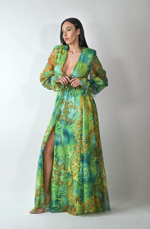 Robe Maxi à Motifs Abstraits - Encolure Plongeante, Manches Longues-Dresses-Marais Paris-Marais Paris
