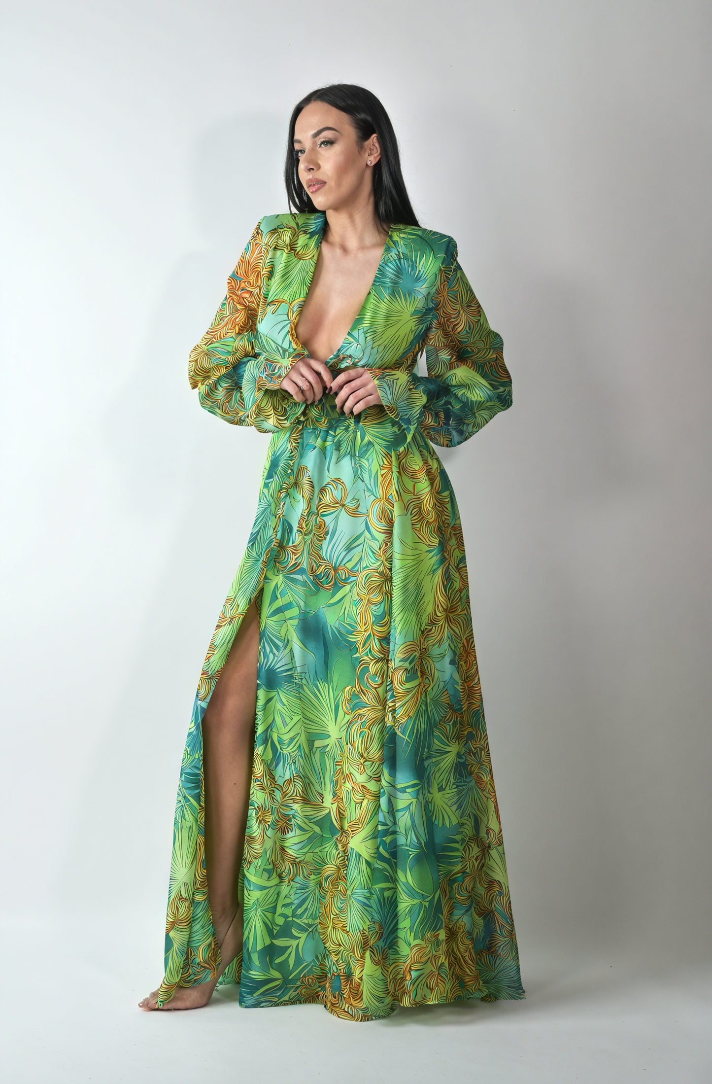 Robe Maxi à Motifs Abstraits - Encolure Plongeante, Manches Longues-Dresses-Marais Paris-Marais Paris