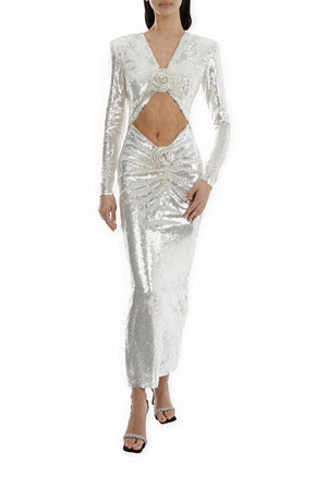 Robe Longue Scintillante, Décolleté V, Détails Floraux, Soirée-Dresses-Marais Paris-Marais Paris