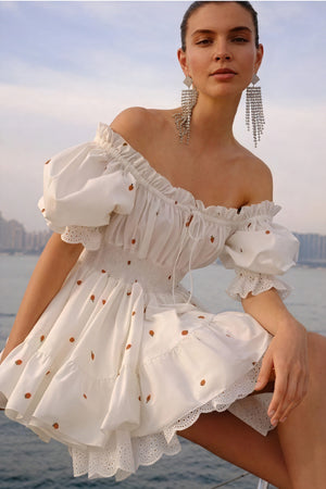 Robe Épaules Dénudées Broderie Fruitée - Style Romantique-Dresses-Marais Paris-Blanc-S-Marais Paris