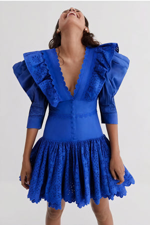 Robe Mini Femme - Détails Découpés Laser, Manches 3/4-Dresses-Marais Paris-Bleu-S-Marais Paris
