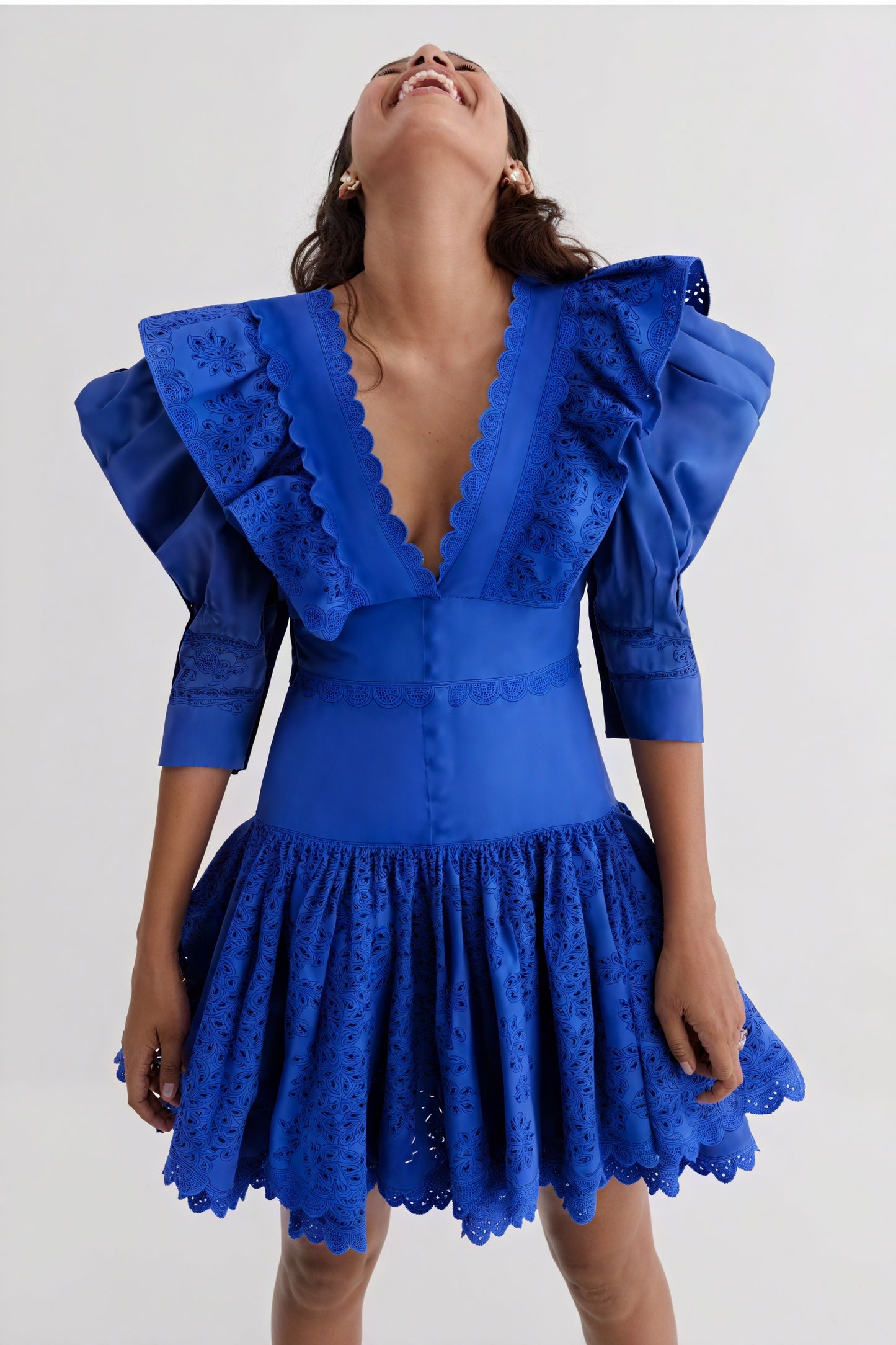 Robe Mini Femme - Détails Découpés Laser, Manches 3/4-Dresses-Marais Paris-Bleu-S-Marais Paris