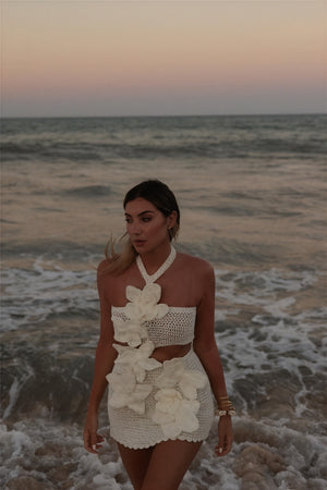 Robe Crochetée Bohème - Ensemble Deux Pièces, Appliqués Florales-Dresses-Marais Paris-Marais Paris