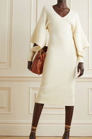 Robe Midi Côtelée Femme - Manches Cape, Coupe Ajustée-Dresses-Marais Paris-Blanc-S-Marais Paris