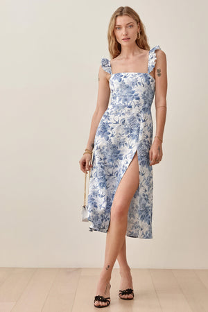 Robe Midi Florale - Encolure Carrée, Bretelles à Volants, Fente Haute-Dresses-Marais Paris-Bleu-S-Marais Paris