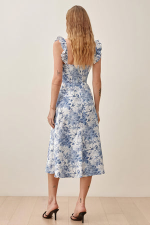 Robe Midi Florale - Encolure Carrée, Bretelles à Volants, Fente Haute-Dresses-Marais Paris-Marais Paris