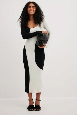 Robe Midi Femme Asymétrique Bicolore - Coupe Ajustée, Manches Longues-Dresses-Marais Paris-Blanc-S-Marais Paris