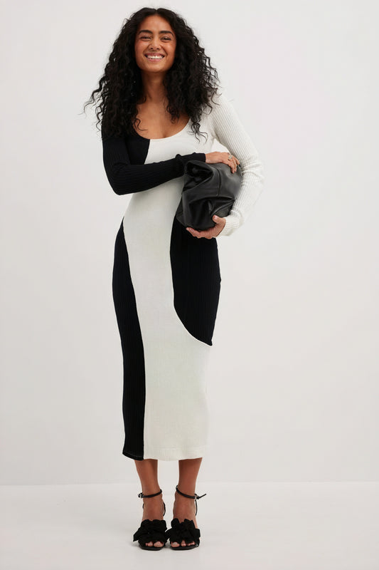 Robe Midi Femme Asymétrique Bicolore - Coupe Ajustée, Manches Longues-Dresses-Marais Paris-Blanc-S-Marais Paris