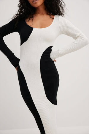Robe Midi Femme Asymétrique Bicolore - Coupe Ajustée, Manches Longues-Dresses-Marais Paris-Marais Paris