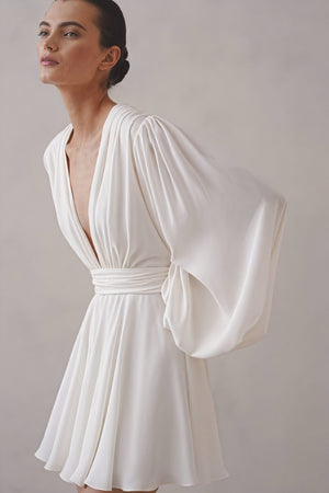 Robe Fluide Manches Ballons, Encolure V, Taille Définie-Dresses-Marais Paris-Blanc-S-Marais Paris