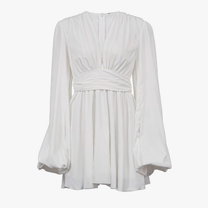 Robe Fluide Manches Ballons, Encolure V, Taille Définie-Dresses-Marais Paris-Marais Paris