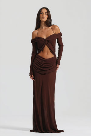 Robe Longue Épaules Nues Nœud Découpé Soirée Élégante-Maxi Dresses-Marais Paris-Marron-S-Marais Paris