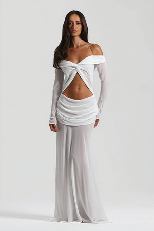 Robe Longue Épaules Nues Nœud Découpé Soirée Élégante-Maxi Dresses-Marais Paris-Blanc-S-Marais Paris