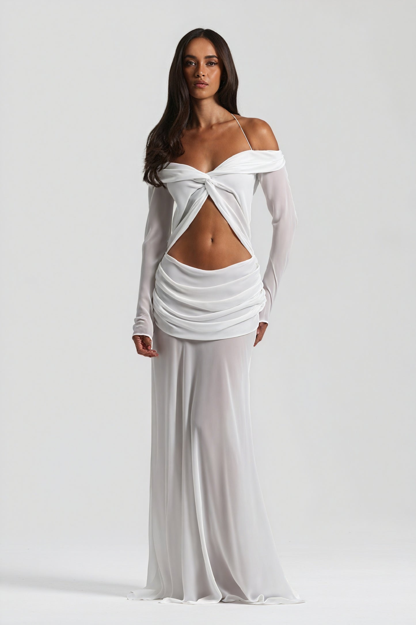 Robe Longue Épaules Nues Nœud Découpé Soirée Élégante-Maxi Dresses-Marais Paris-Blanc-S-Marais Paris