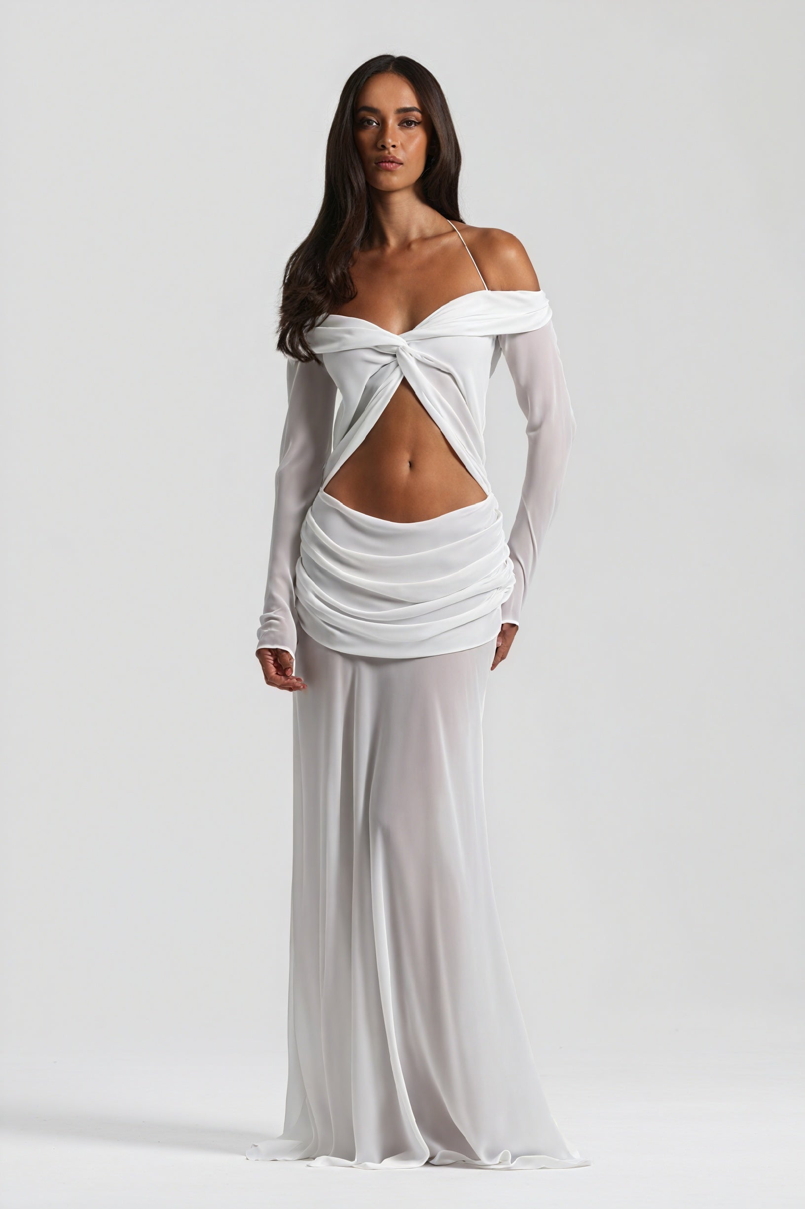 Robe Longue Épaules Nues Nœud Découpé Soirée Élégante-Maxi Dresses-Marais Paris-Blanc-S-Marais Paris