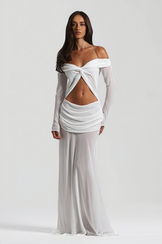 Robe Longue Épaules Nues Nœud Découpé Soirée Élégante-Maxi Dresses-Marais Paris-Blanc-S-Marais Paris