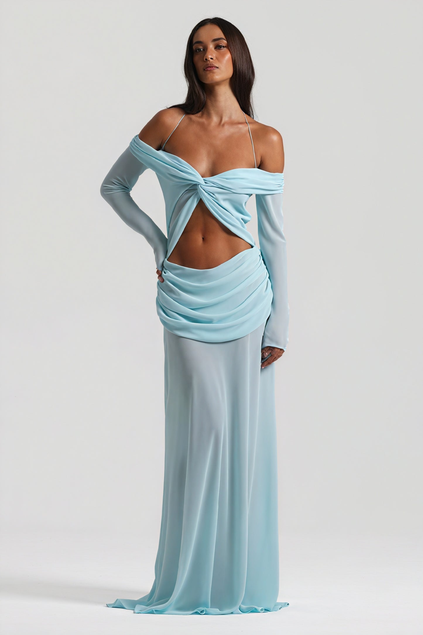 Robe Longue Épaules Nues Nœud Découpé Soirée Élégante-Maxi Dresses-Marais Paris-Bleu-S-Marais Paris