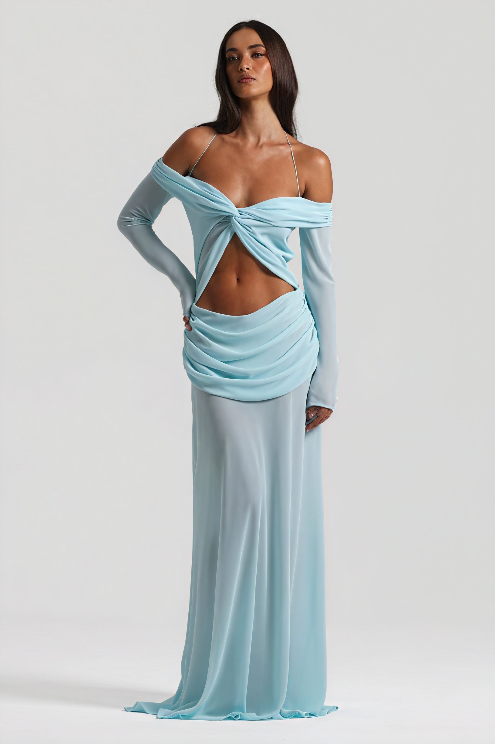 Robe Longue Épaules Nues Nœud Découpé Soirée Élégante-Maxi Dresses-Marais Paris-Bleu-S-Marais Paris