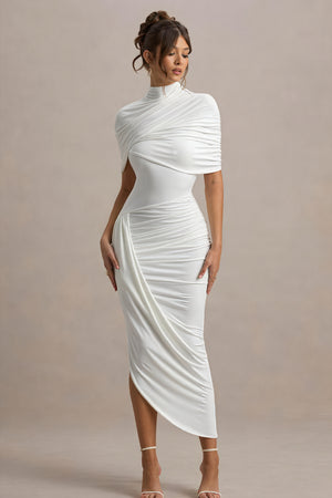 Robe Drapée Asymétrique – Élégante, Moderne, Soirée-Midi Dresses-Marais Paris-Blanc-S-Marais Paris
