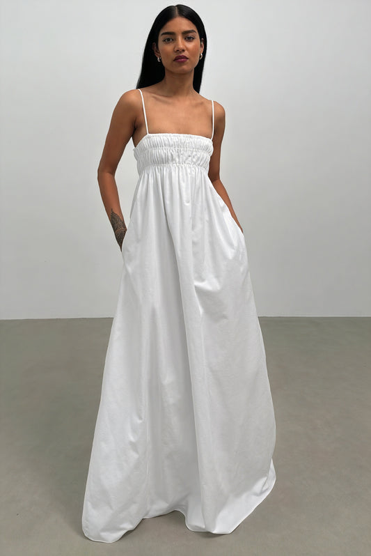 Robe Maxi à Bretelles - Encolure Carrée, Poches Latérales-Maxi Dresses-Marais Paris-Blanc-S-Marais Paris