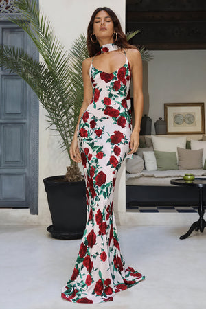 Robe Longue Florale, Dos Nu, Bretelles Spaghetti, Coupe Ajustée-Maxi Dresses-Marais Paris-Marais Paris