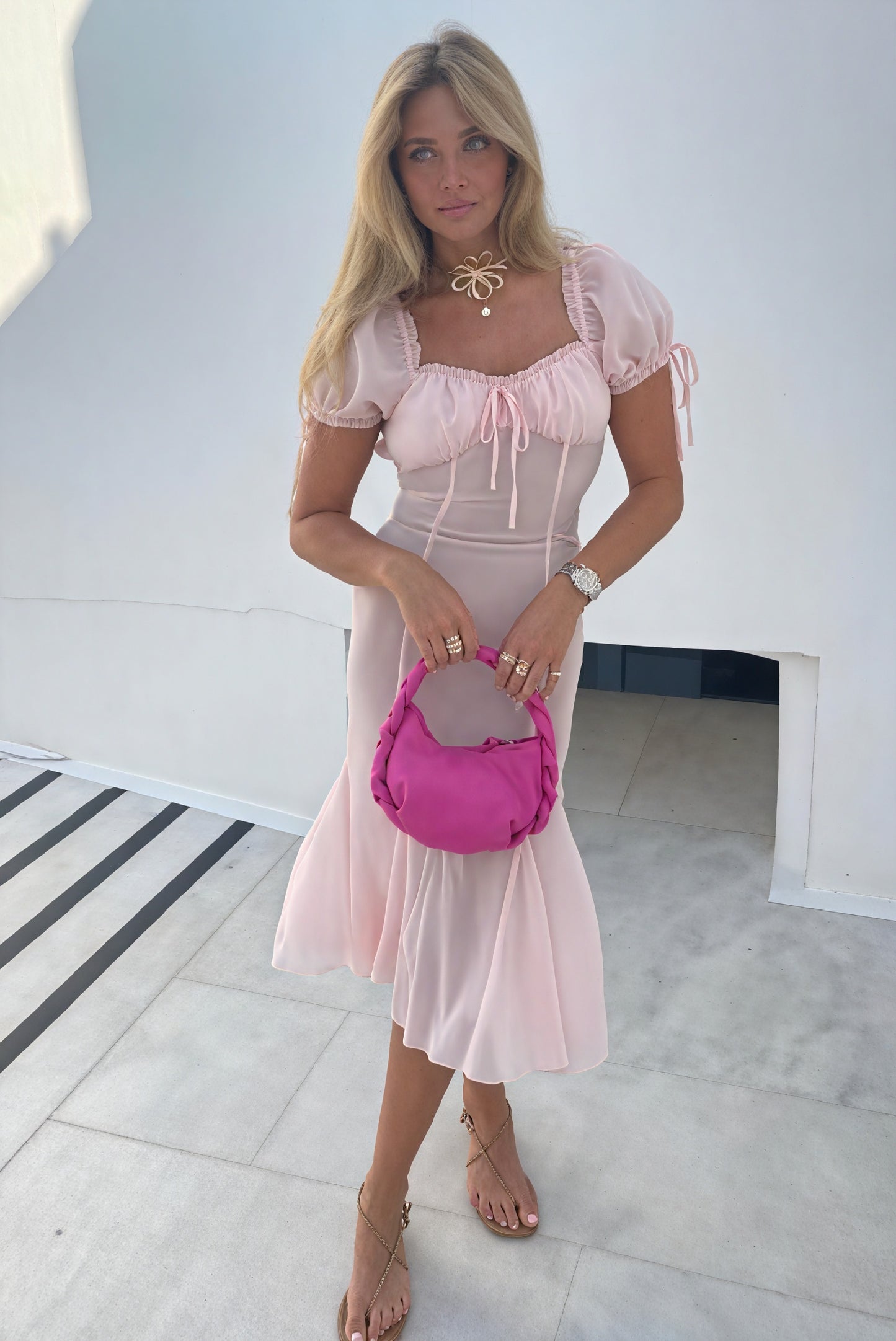 Robe Midi Silhouette Sirène - Encolure Cœur, Manches Bouffantes-Midi Dresses-Marais Paris-Rose-S-Marais Paris