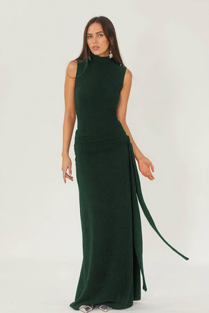 Robe Longue Femme - Col Montant, Coupe Cintrée, Détail Fluide-Maxi Dresses-Marais Paris-Vert-S-Marais Paris