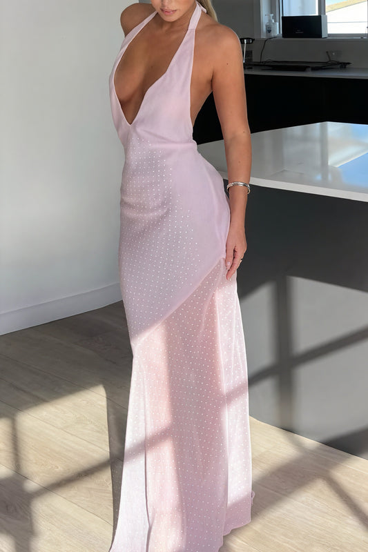 Robe Longue Femme - Halter, Dos Nu, Coupe Fluide-Maxi Dresses-Marais Paris-Rose-S-Marais Paris