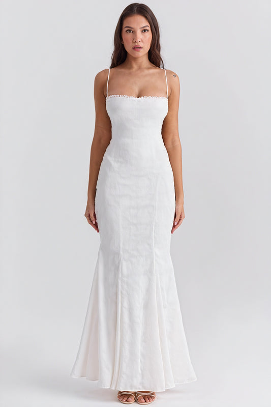 Robe Longue Ajustée - Bretelles Spaghetti, Coupe Sirène, Tissu Texturé-Maxi Dresses-Marais Paris-Blanc-S-Marais Paris