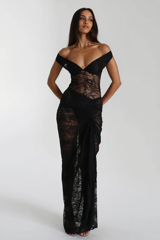Robe Maxi Dentelle Épaule Dénudée - Élégance & Raffinement-Skirt Sets-Marais Paris-Noir-S-Marais Paris