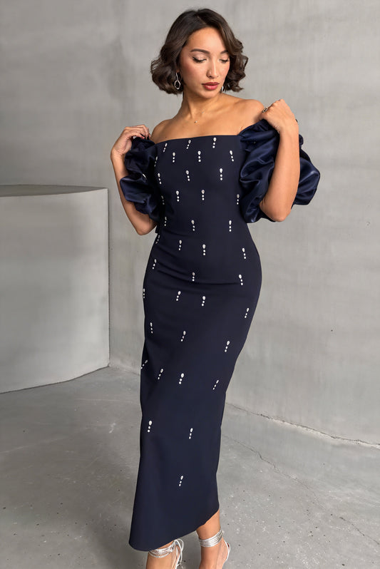 Robe Midi Femme - Silhouette Ajustée, Manches Bouffantes, Élégante-Maxi Dresses-Marais Paris-Marais Paris