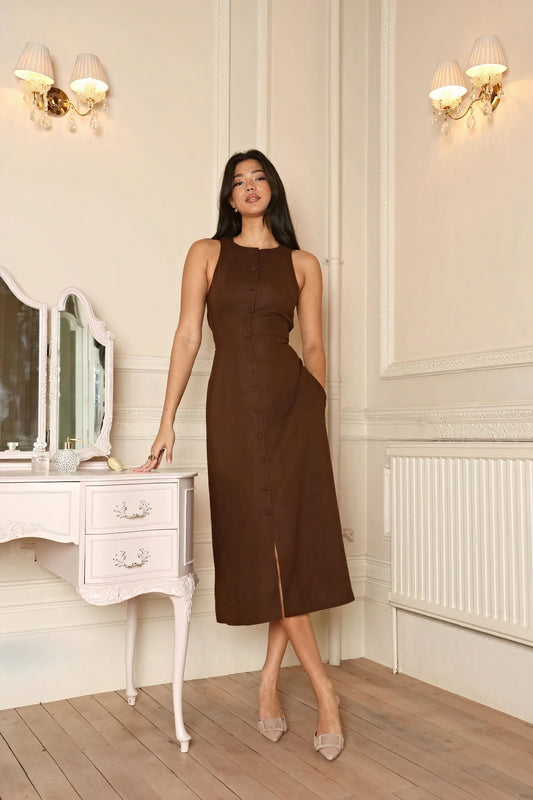 Robe Midi Boutonnée avec Fente et Poches - Élégance et Confort-Maxi Dresses-Marais Paris-Choco-XS-Marais Paris