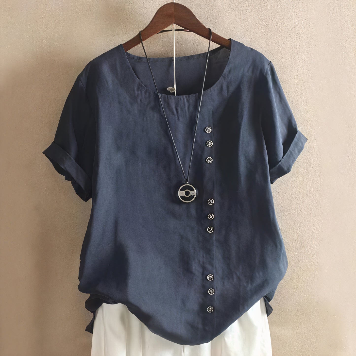Marais Paris Robe Femme – Manches Courtes, Boutons Asymétriques, Col Rond-81165-25ebbfa2-2d23-4226-9038-ffad1819ceb0