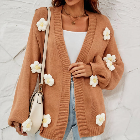 Cardigan Femme Bohème Fleurs Manches Longues V-encolure-Shirts & Tops-Marais Paris-S-Marais Paris