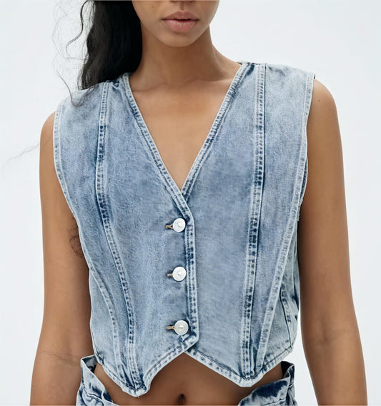 Gilet en Denim Structuré - Coupe Corset, Sans Manches, V-encolure-Shirts & Tops-Marais Paris-Marais Paris