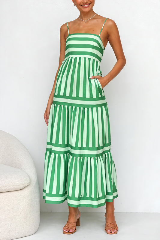Robe Maxi Rayée à Bretelles Spaghetti, Longue, Poches-Dresses-Marais Paris-Vert-S-Marais Paris