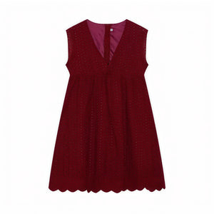 Robe sans manches col V, tissu perforé respirant, ourlet festonné unique, style chic décontracté pour l'été-Marais Paris-Claret-XS-Marais Paris